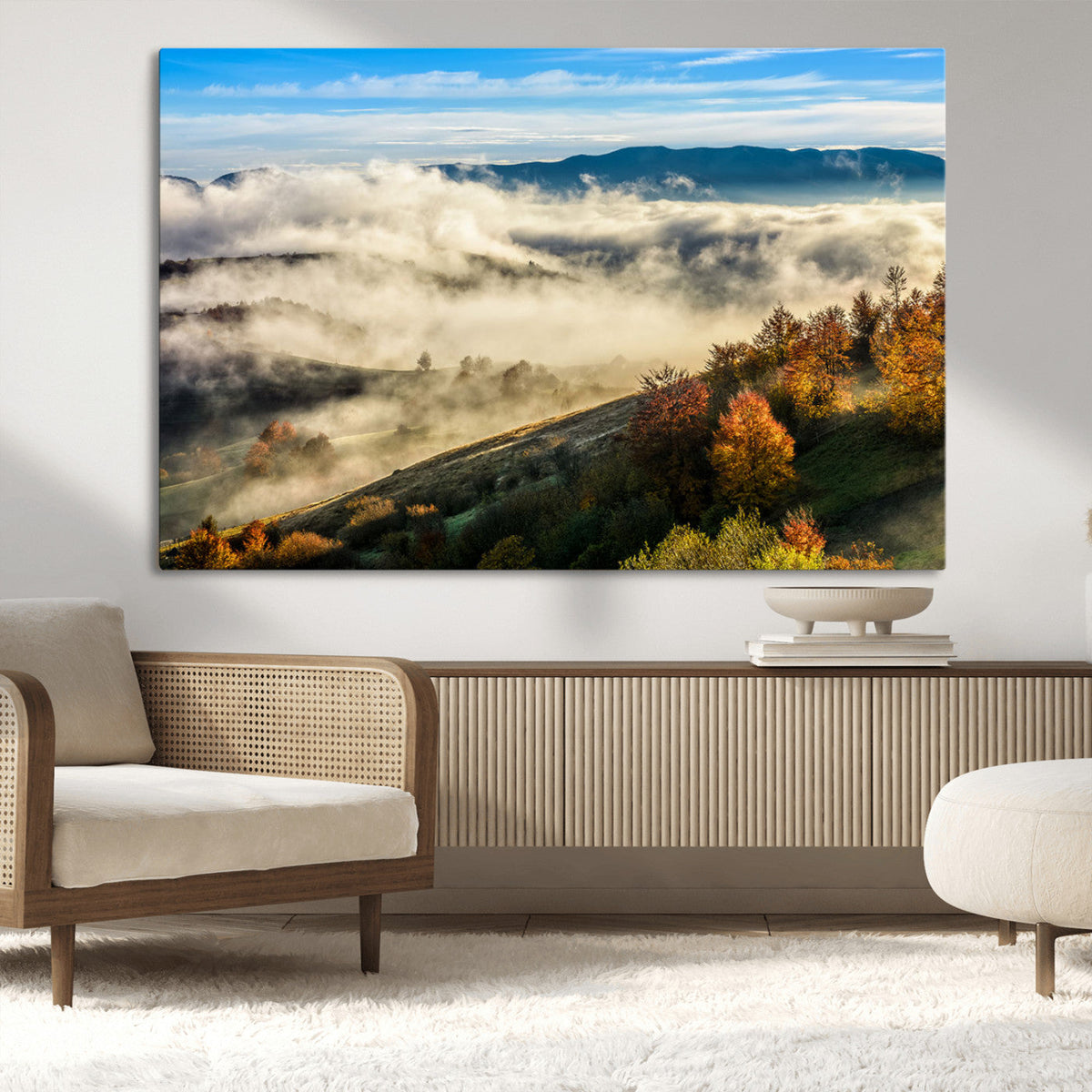 Misty Autumn Hills Wall Art Canvas Print, Foggy Forest