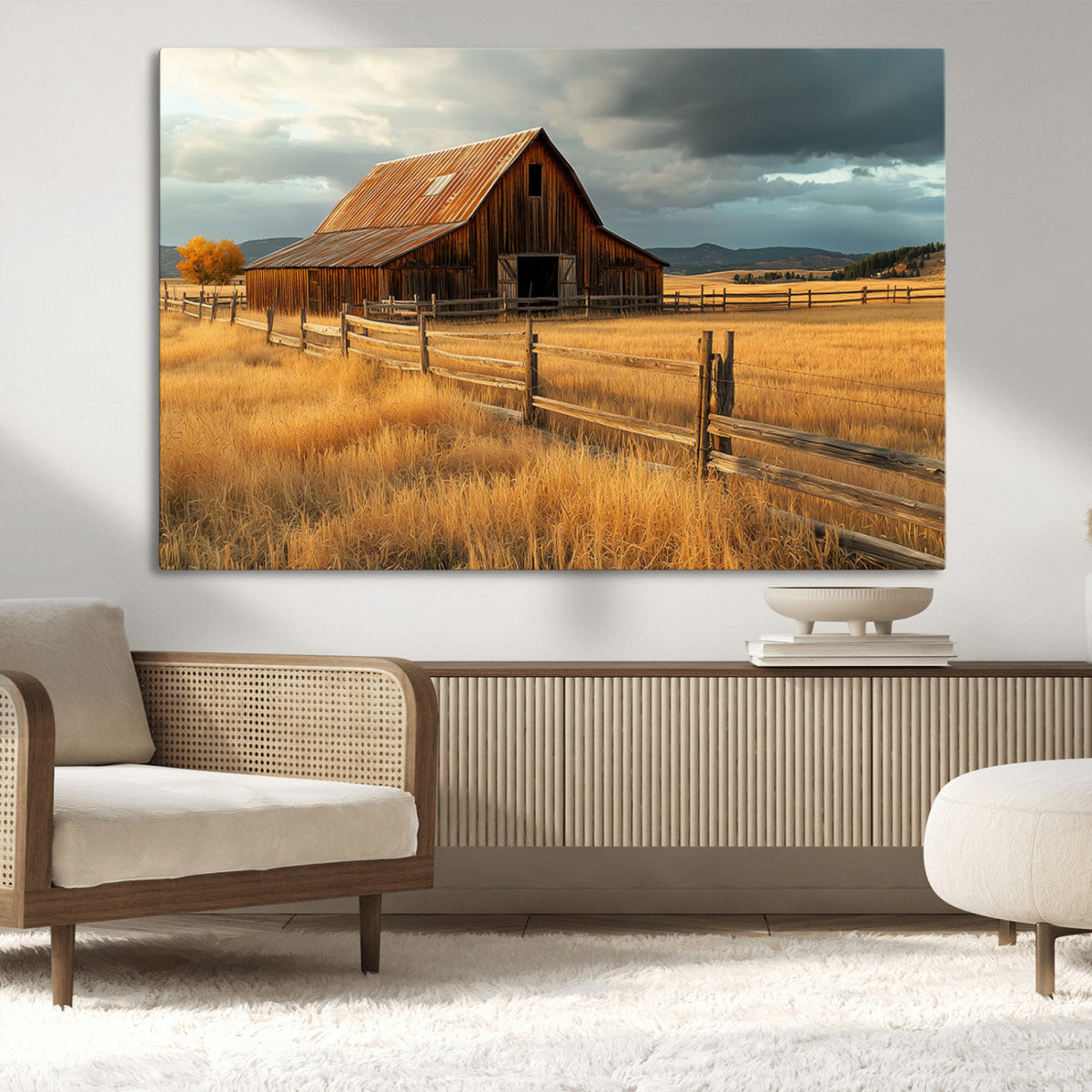 Golden Sunset Barn Wall Art Canvas Print, Rustic Autumn Farm