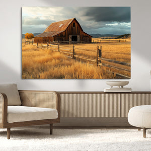 Golden Sunset Barn Wall Art Canvas Print, Rustic Autumn Farm
