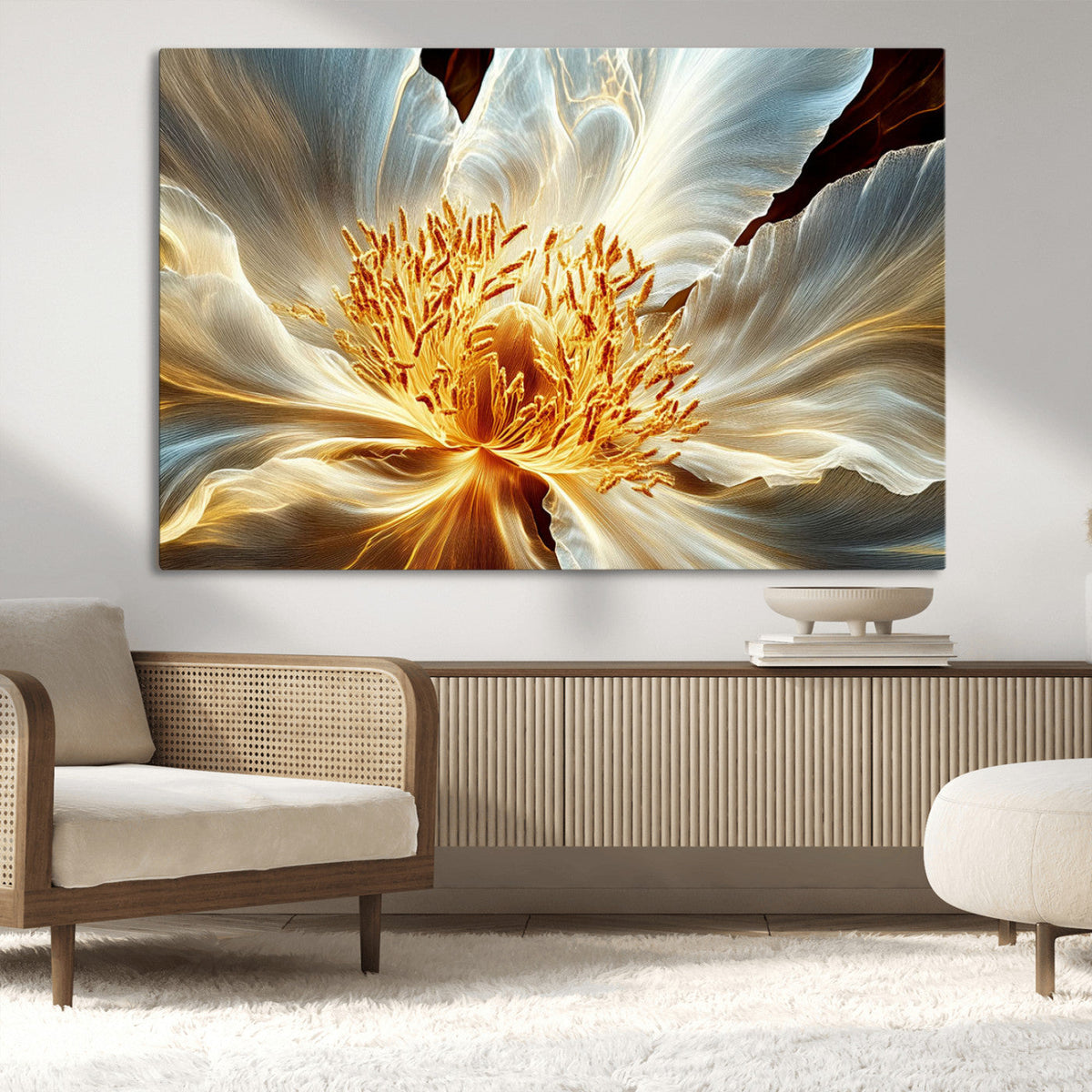 Golden Abstract Flower Canvas Wall Art, Modern Botanical