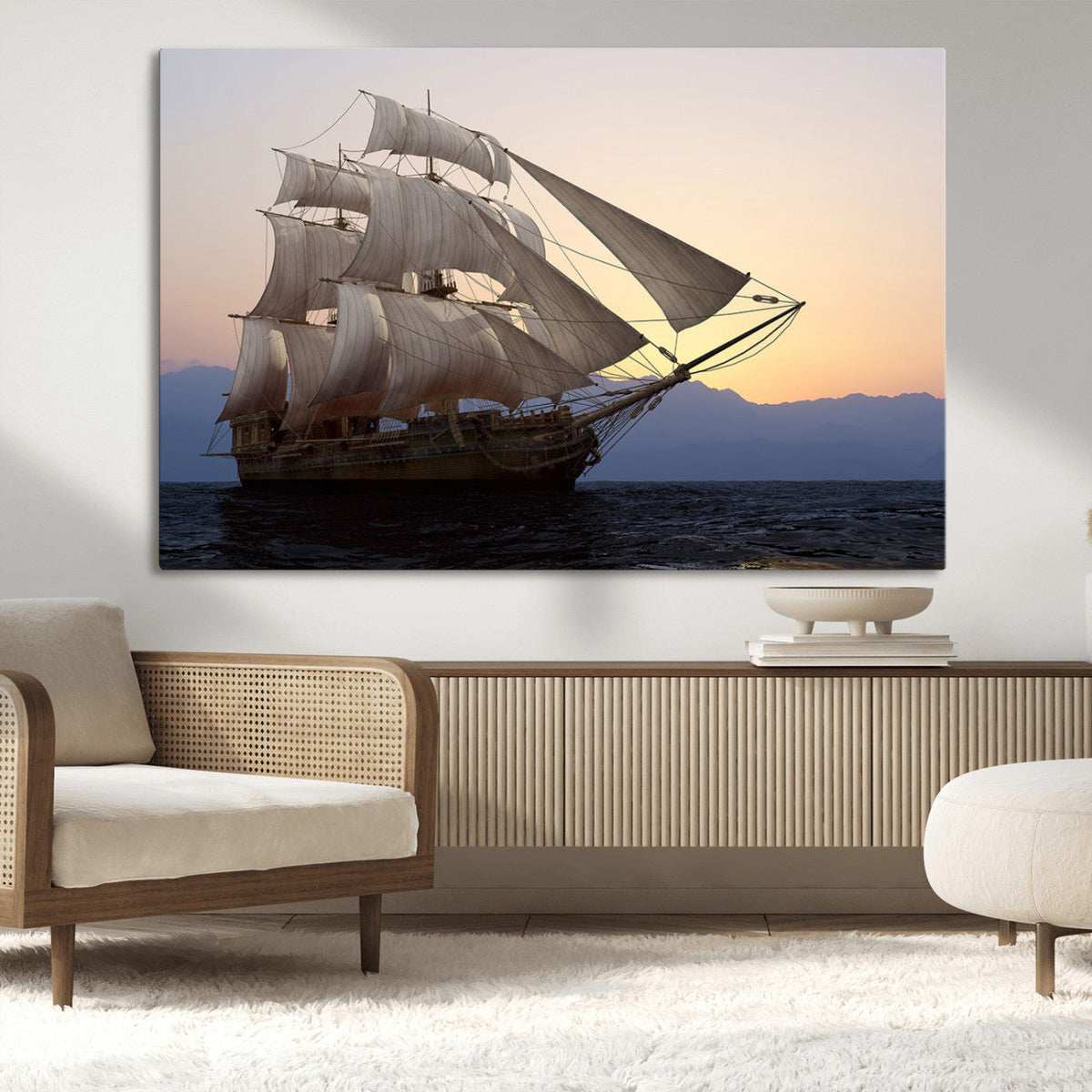 Majestic Sailing Ship Wall Art Canvas Print, Sunset Ocean