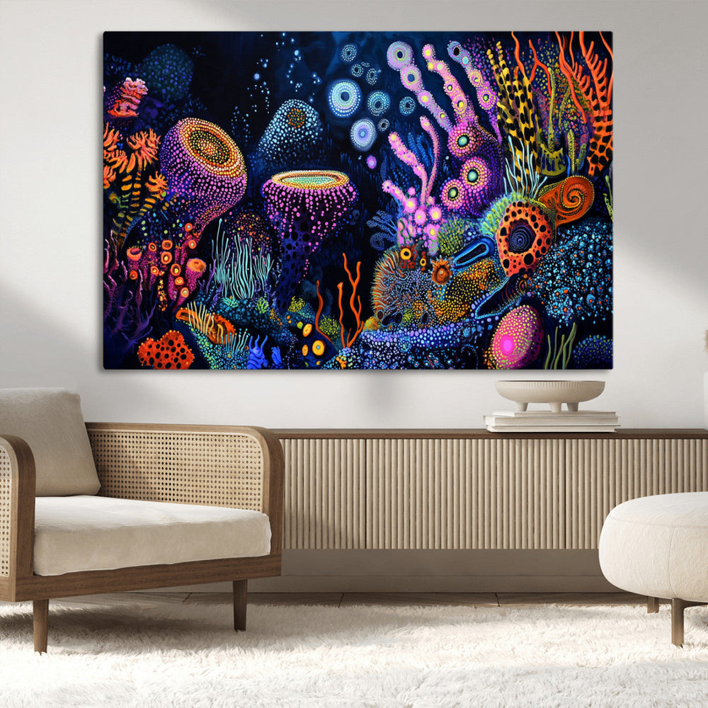 Vibrant Neon Coral Reef Wall Art Canvas Print, Colorful