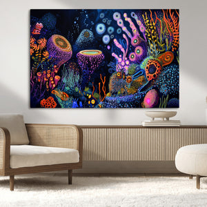 Vibrant Neon Coral Reef Wall Art Canvas Print, Colorful
