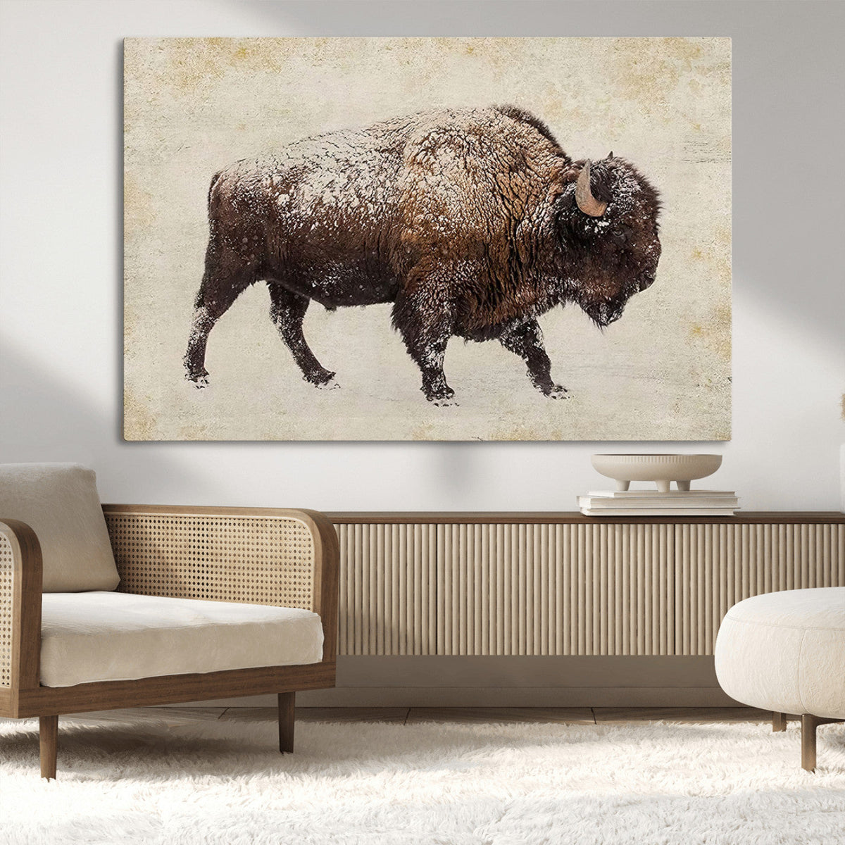 Snow-dusted bison silhouette textured vintage style rugged