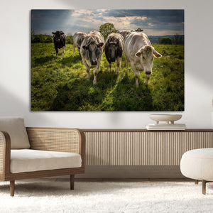 Grazing Cattle Herd Wall Art, Green Pasture Livestock Canvas