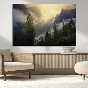 Misty Mountain Valley Wall Art Canvas Print, Golden Sunrise