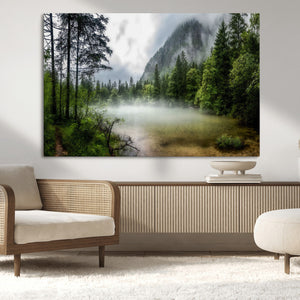 Misty Lake Forest Wall Art – Green Trees Calm Water