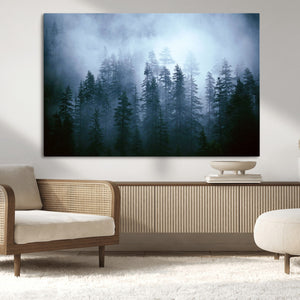 Foggy Evergreen Pines Wall Art – Mist Forest Blue Haze Moody