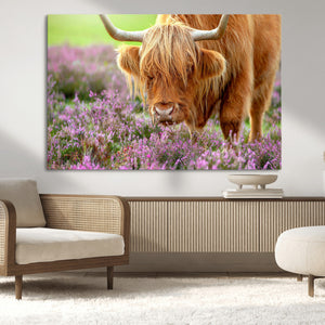 Highland Cow Wall Art Canvas Print – Framed Purple Flowers