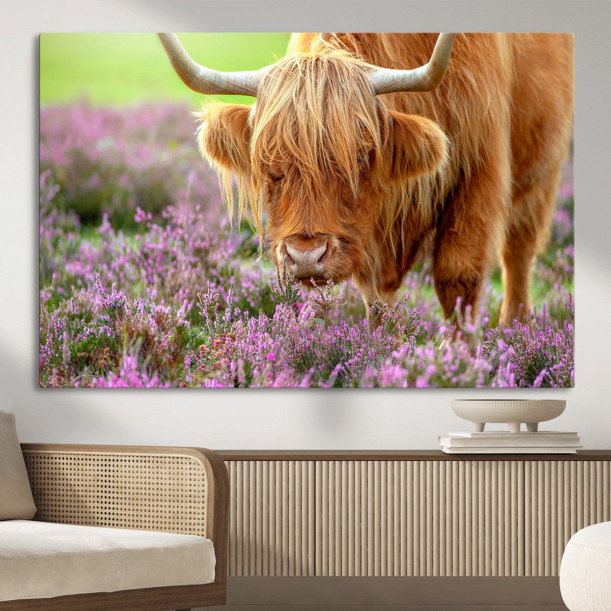 Highland Cow Wall Art – Purple Flowers Pasture Scenic