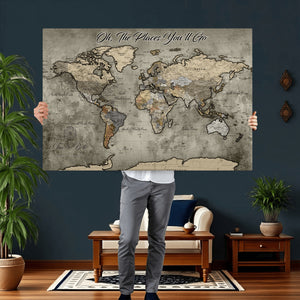 Personalized World Map Wall Art Canvas Print – Custom Push