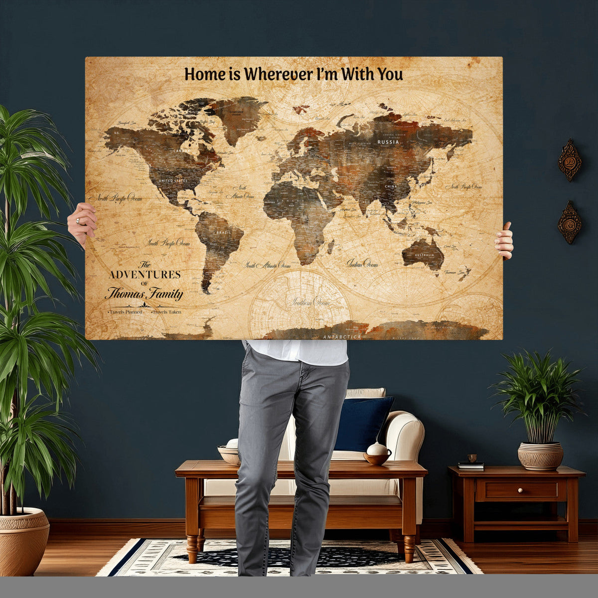 Vintage World Map Canvas Wall Art Print, Personalized