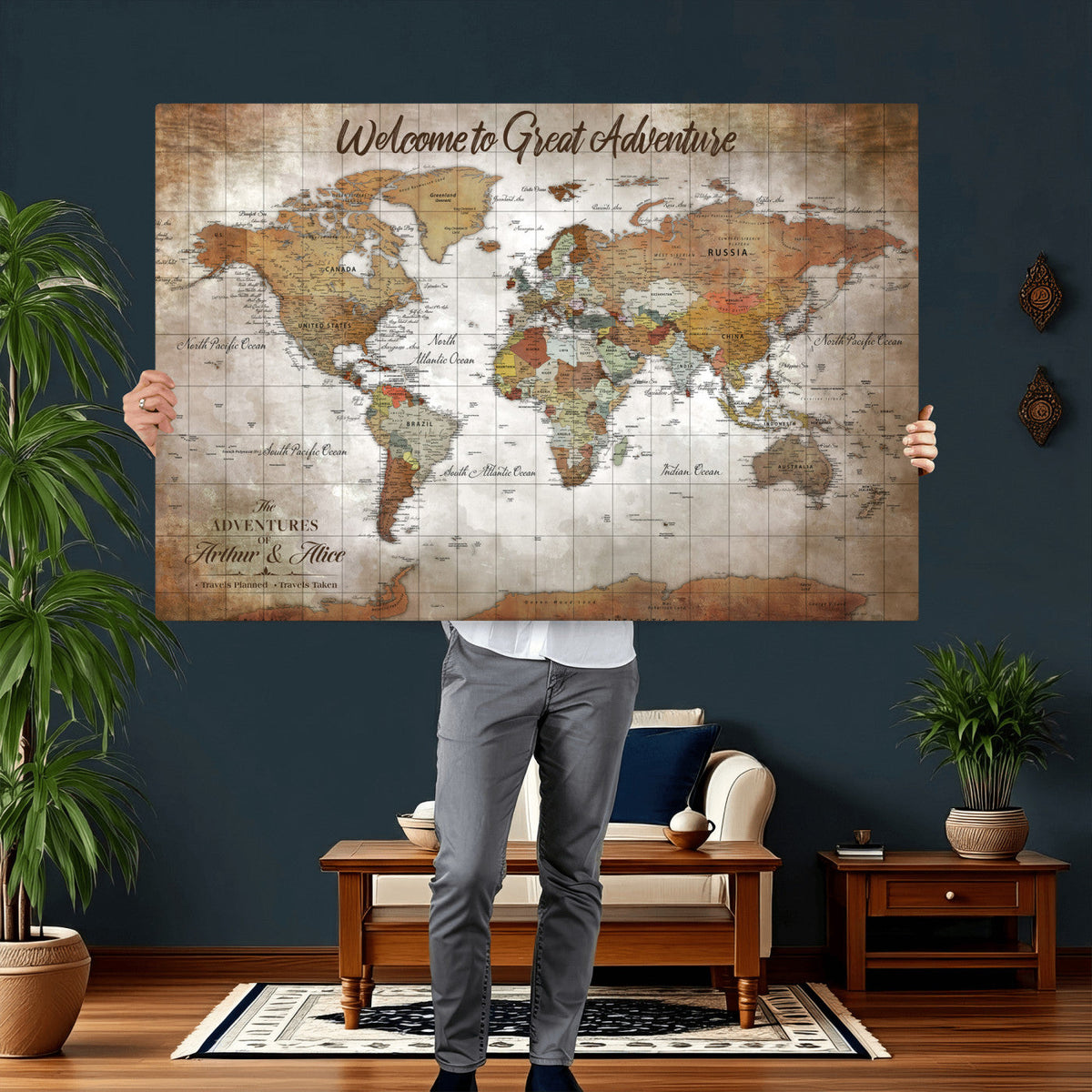 Personalized Vintage Map Wall Art Canvas Print – Custom Push