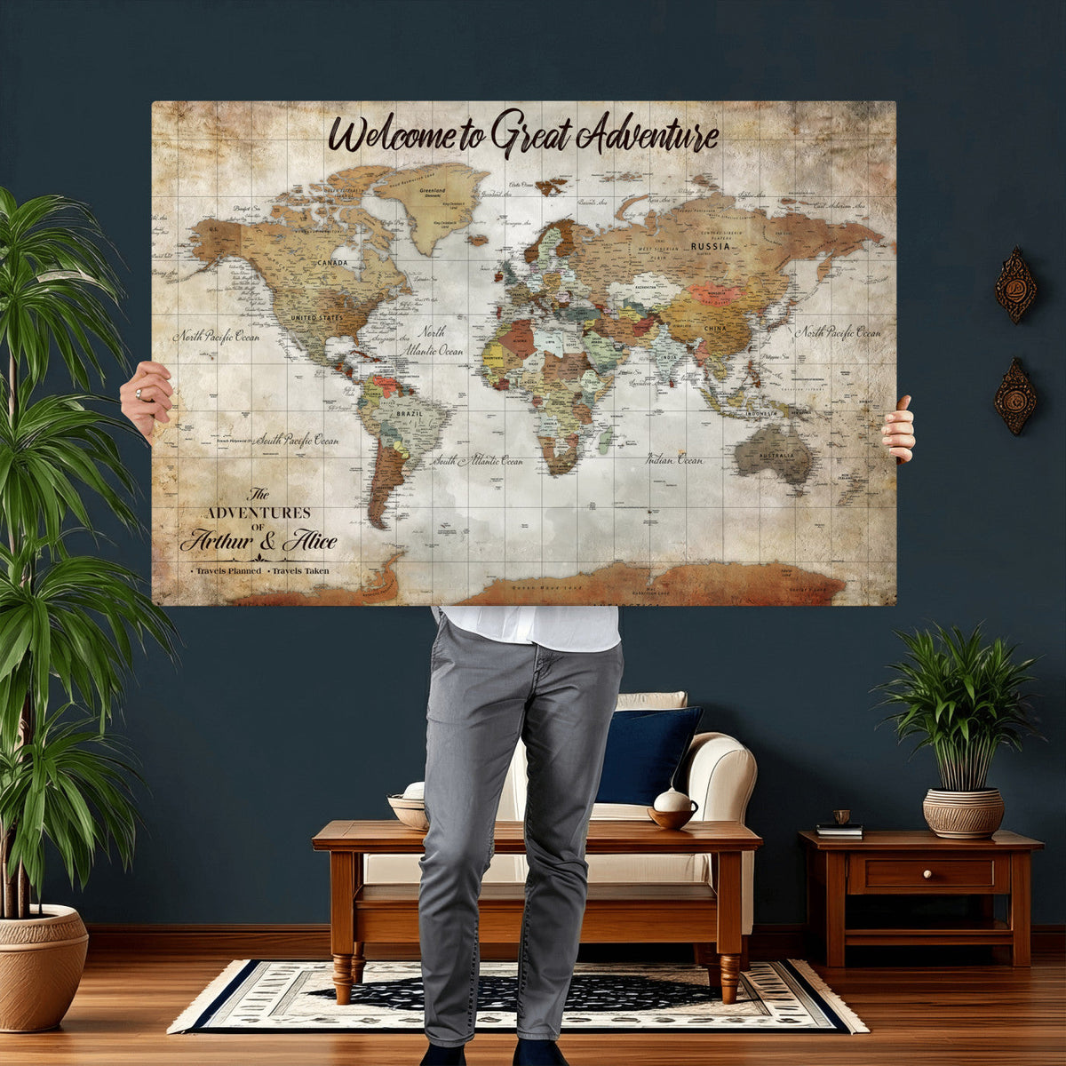 Personalized World Map Wall Art Canvas Print – Custom Push