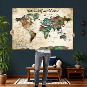 Grunge Personalized World Map Wall Art Canvas Print – Custom
