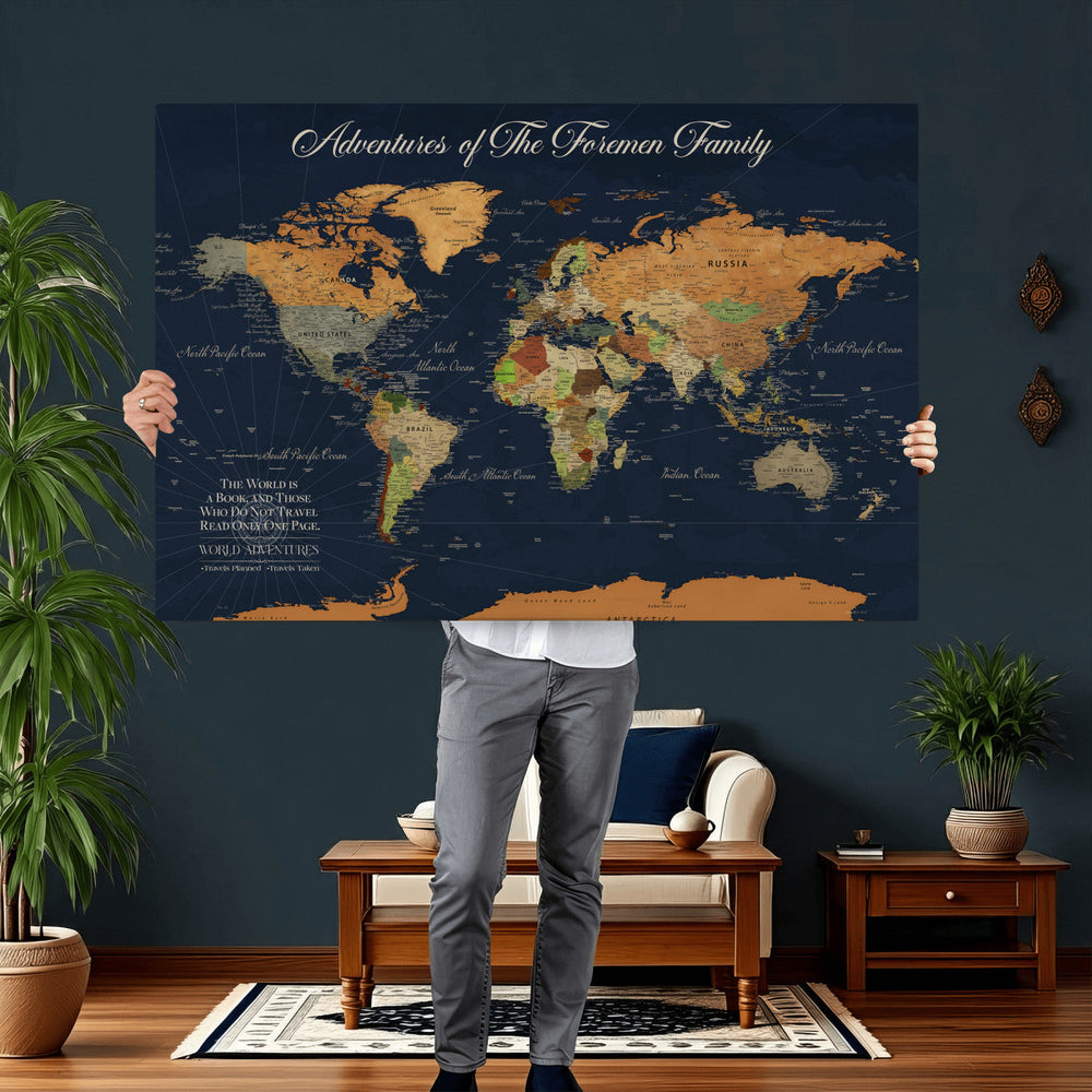 Custom Push Pin World Map Wall Art Canvas Print – Personalized Travel Tracker with Pins Framed Large for Home and Office Decor