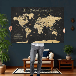 Custom Push Pin World Map Wall Art Canvas Print – Personalized Travel Tracker with Pins Framed Large for Home and Office Decor