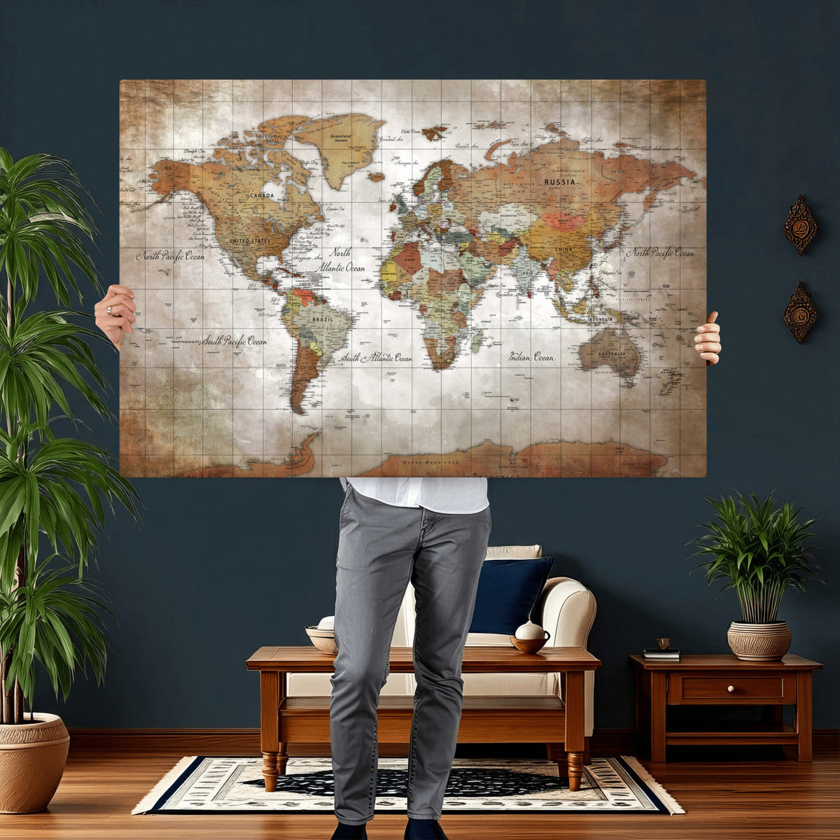 Vibrant Watercolor World Map Canvas Wall Art – Framed Travel