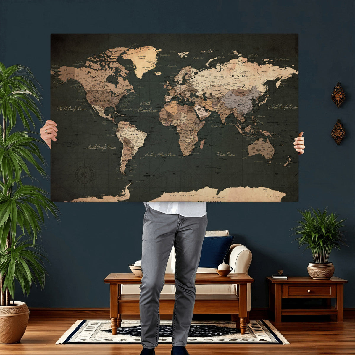 Vintage World Map Canvas Wall Art – Framed Travel Map for