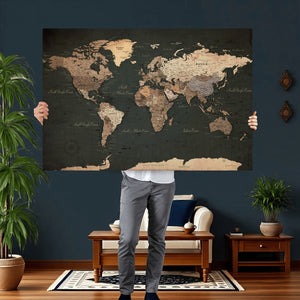 Vintage World Map Canvas Wall Art – Framed Travel Map for