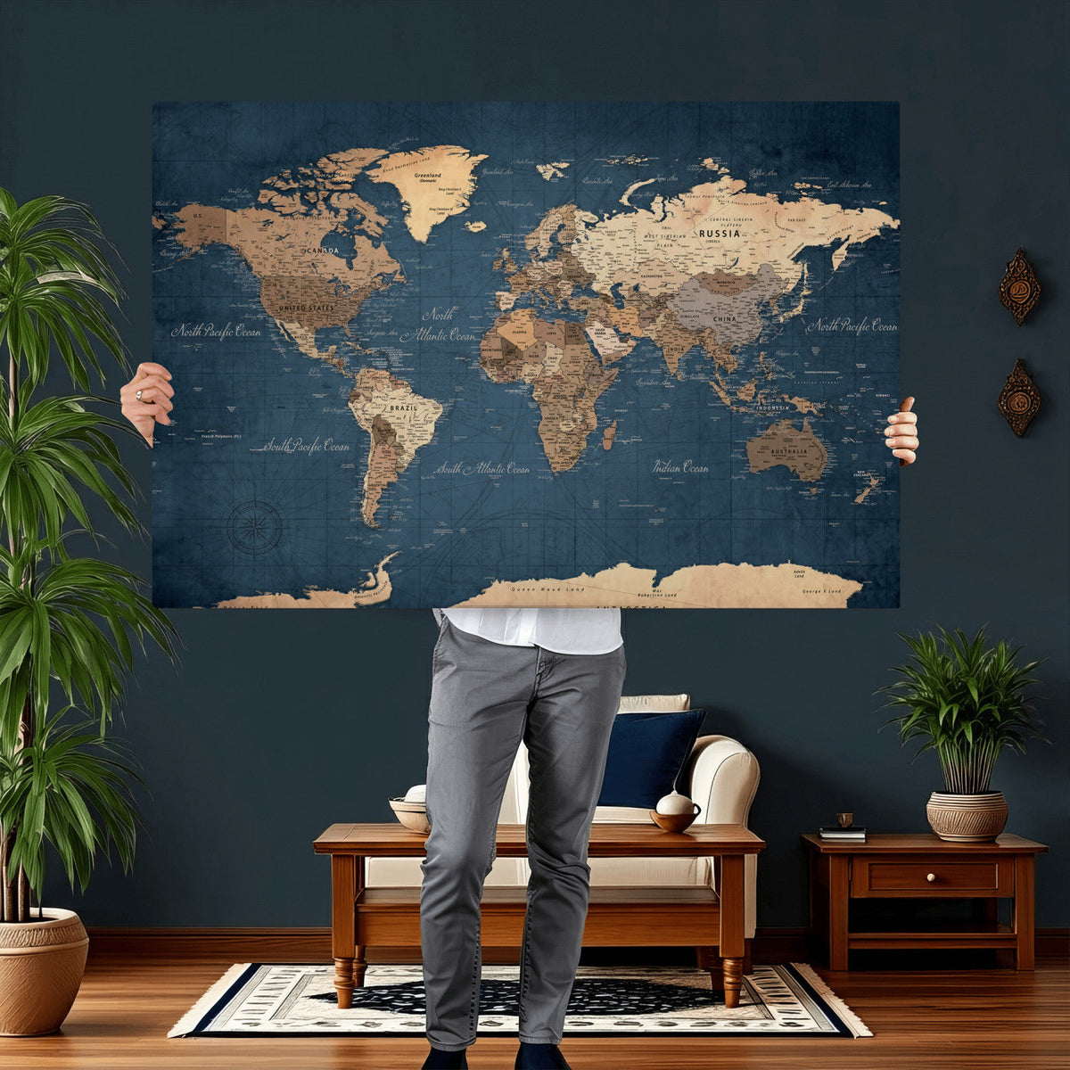 Navy Blue World Map Canvas Print – Framed Travel Map Wall