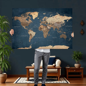 Navy Blue World Map Canvas Print – Framed Travel Map Wall