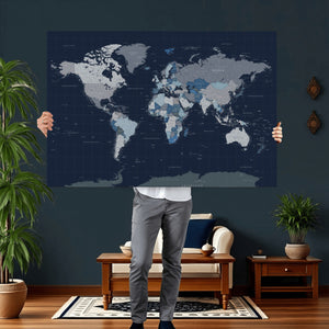 Blue Detailed World Map Wall Art Canvas Print, Modern Framed