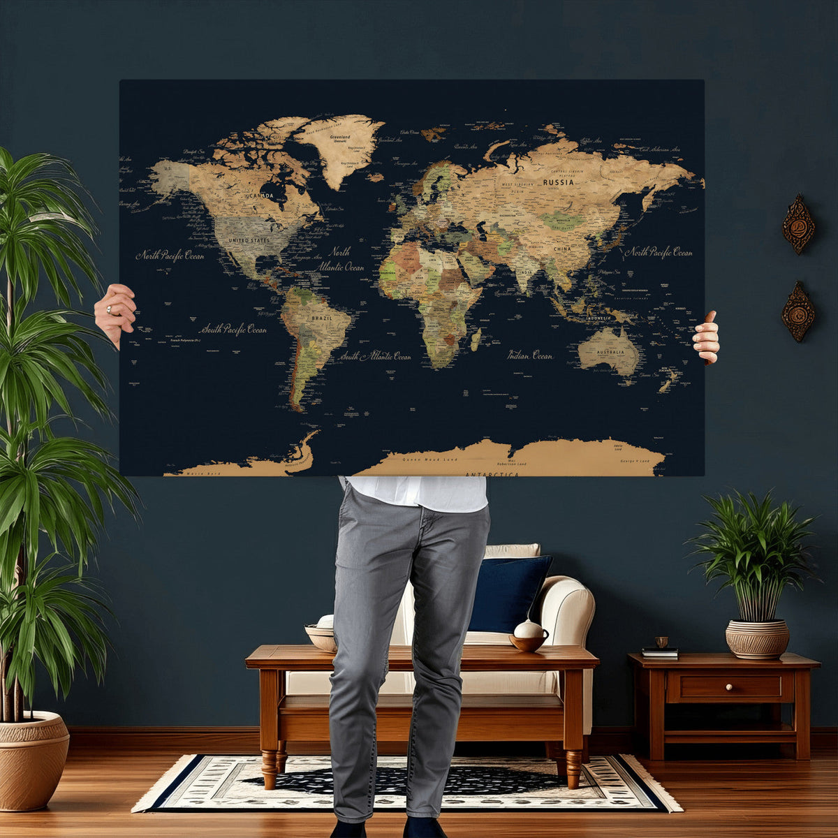 Vintage World Map Canvas on the Dark Background Wall Art
