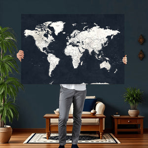 Black World Map Wall Art Canvas Print for Home Office and