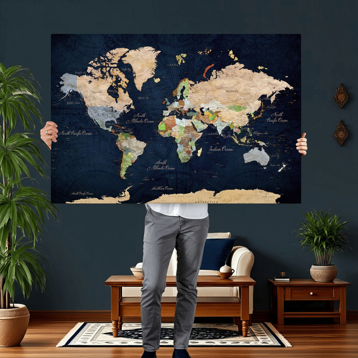 Minimalist World Map Canvas Wall Art - Watercolor Blue and