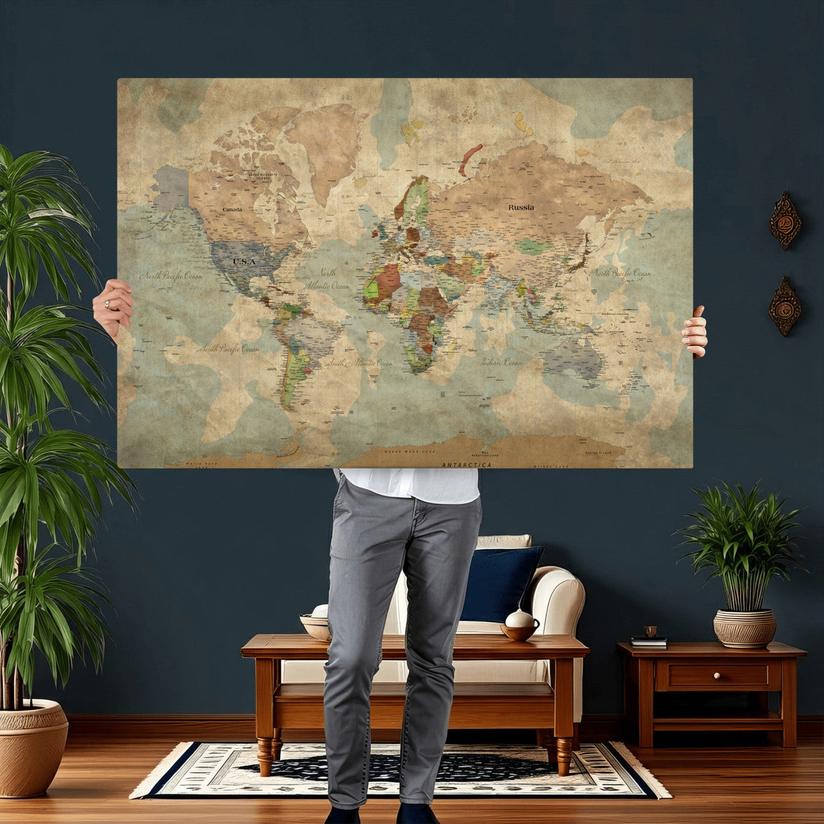 World Map Wall Art Canvas Print, Rustic Map Print, Framed