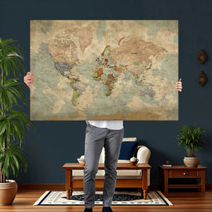 World Map Wall Art Canvas Print, Rustic Map Print, Framed