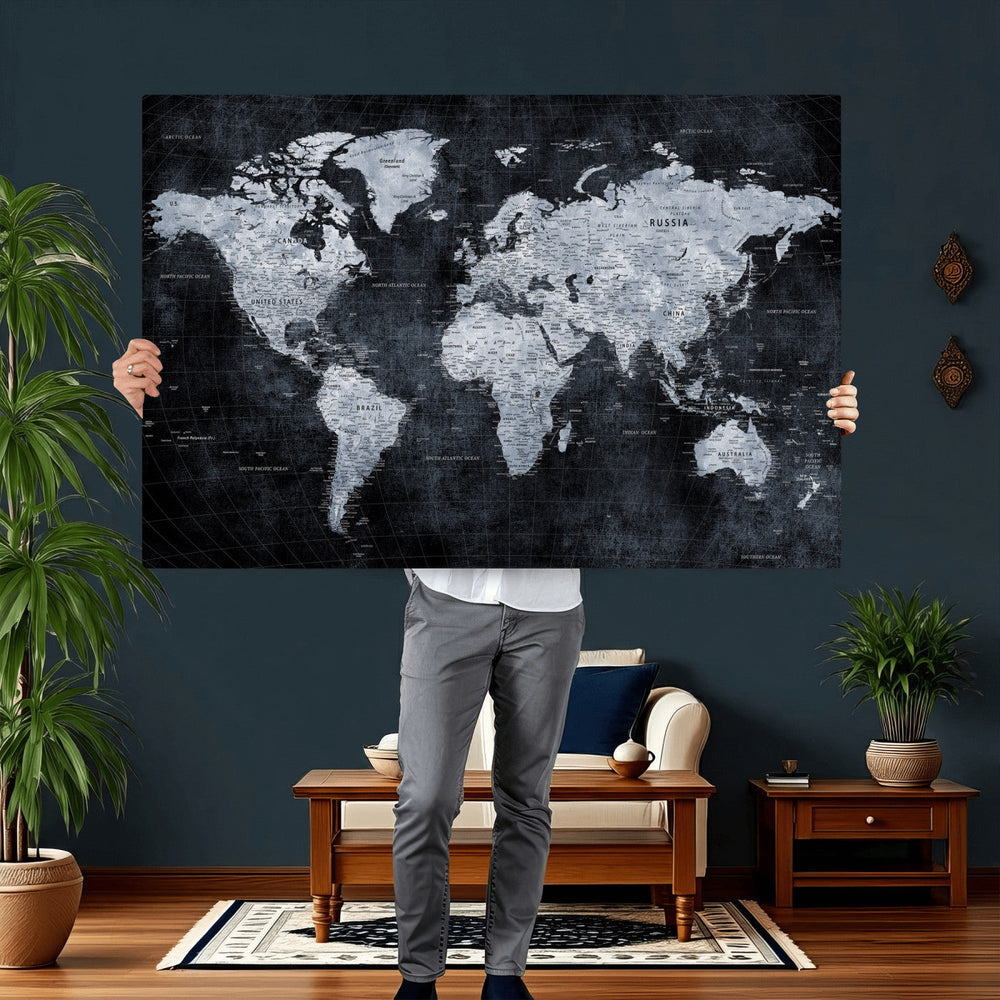 Black World Map Canvas Print – Detailed Map for Couples and