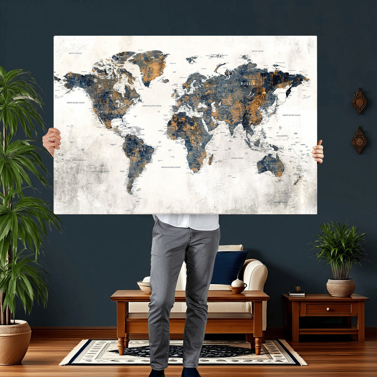 World Map Wall Art Canvas Print for Office Wall Decor