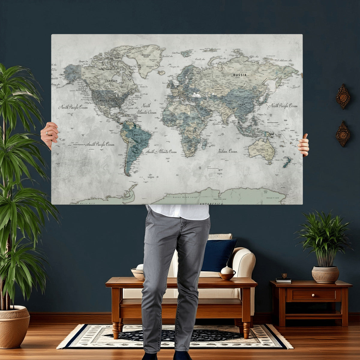 Neutral Vintage World Map Canvas Wall Art Print, Classic Map
