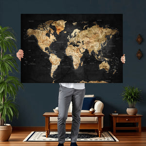 World Map Canvas Wall Art with Famous Landmarks – Framed