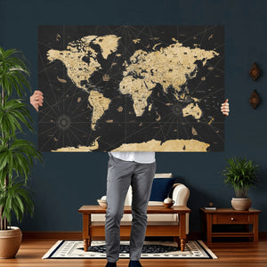 Vintage Blue and Brown World Map Canvas Wall Art – Framed