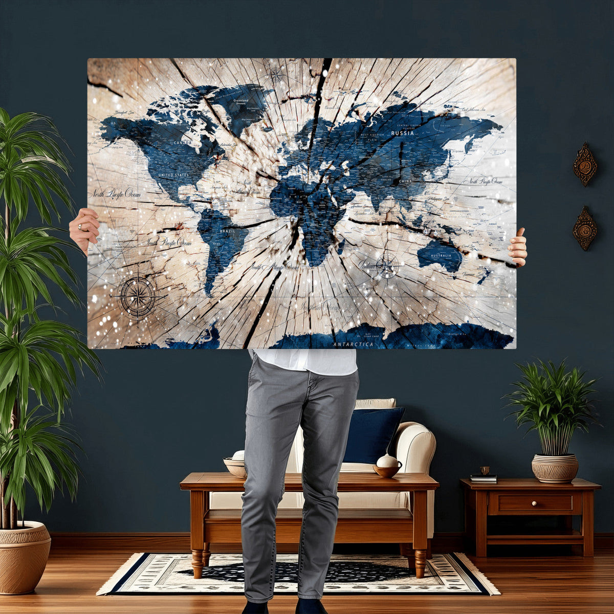 Rustic World Map Canvas Print – Framed Wall Art for Couples,