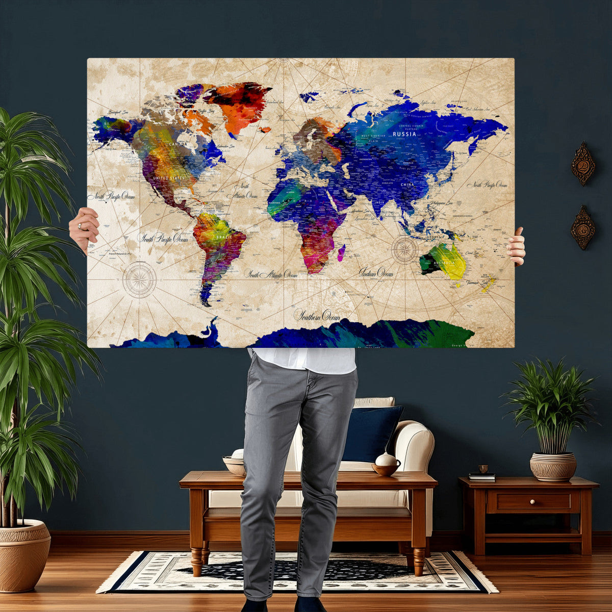 Watercolor World Map Canvas Print – Framed Wall Art for