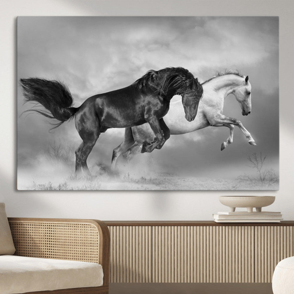 Wild Horses Wall Art Canvas Print – Framed Black and White