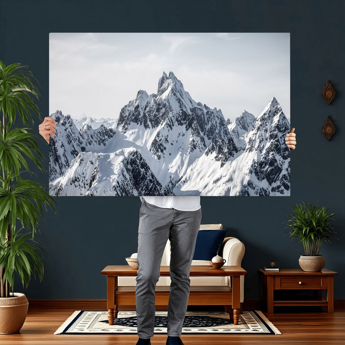Snowy Mountain Range Canvas Print, Alpine Peaks Landscape
