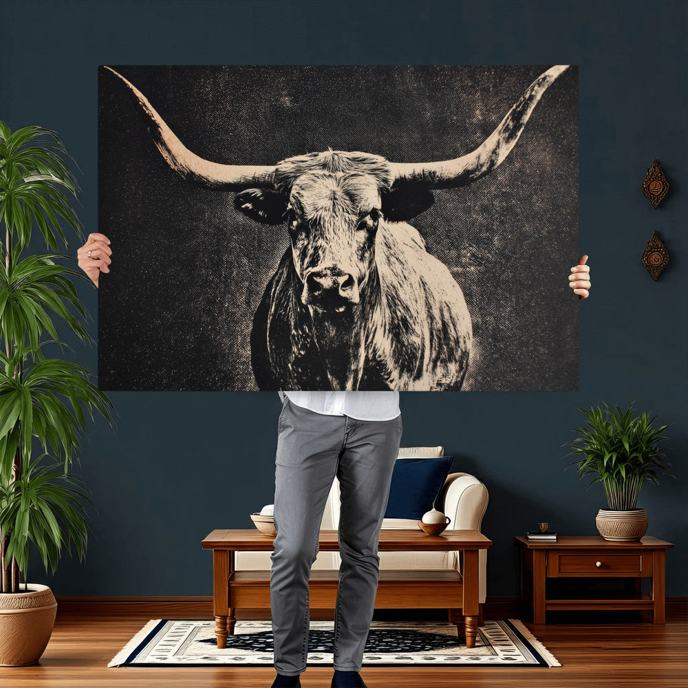 Vintage Texas Longhorn Bull Wall Art Canvas Print, Cow