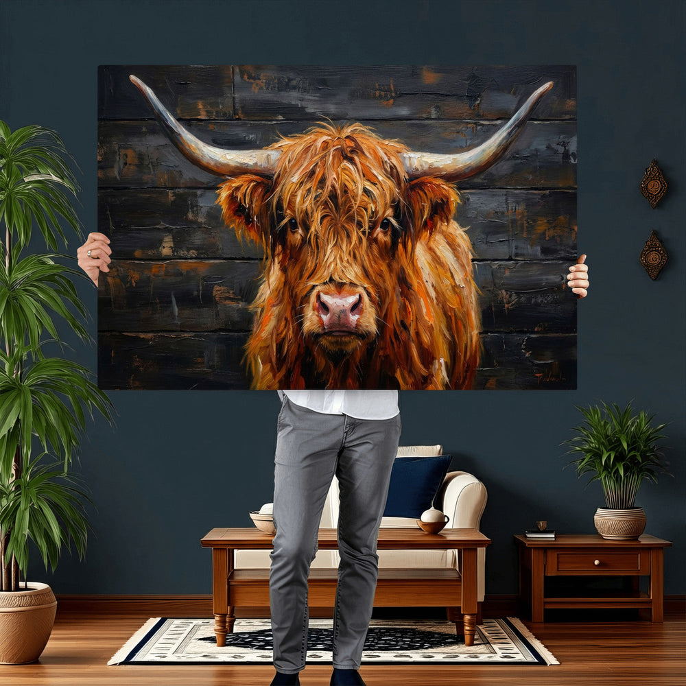 Highland Cow Wall Art Canvas Print, Rustic Farm Animal