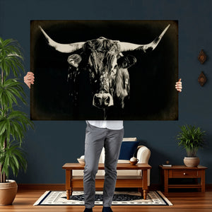 Black Bull Wall Art Canvas Print, Texas Longhorn Portrait