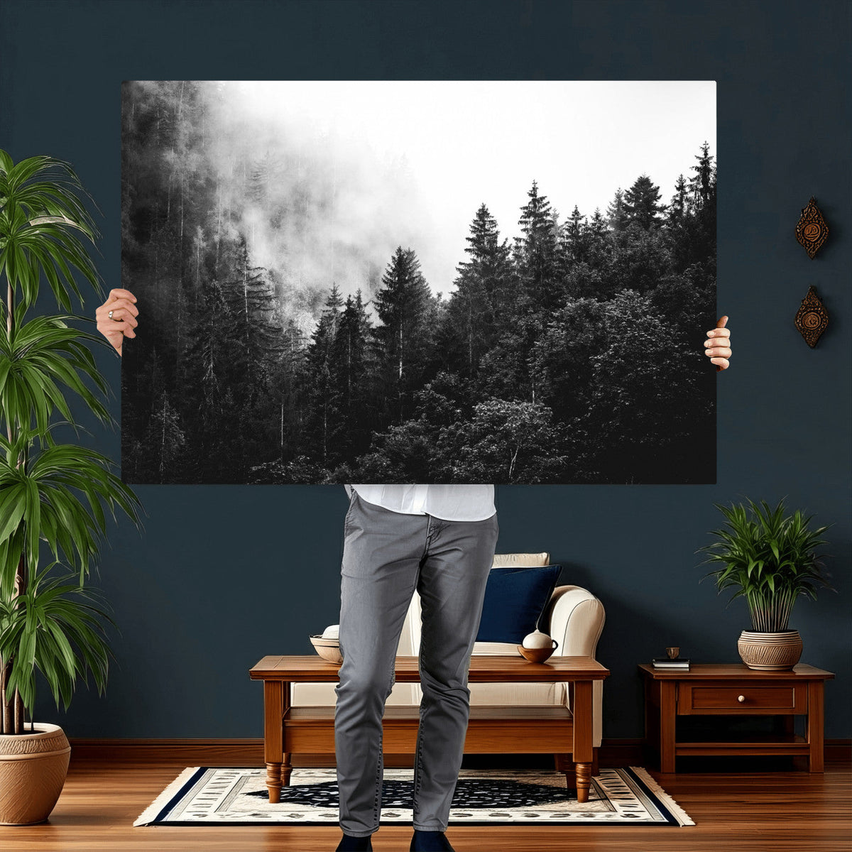 Black White Forest Wall Art Canvas Print, Misty Pine Tree
