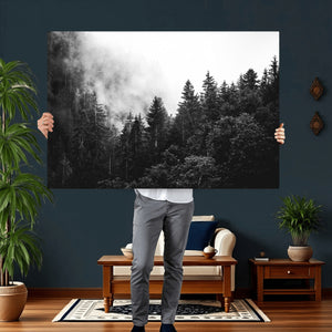 Black White Forest Wall Art Canvas Print, Misty Pine Tree