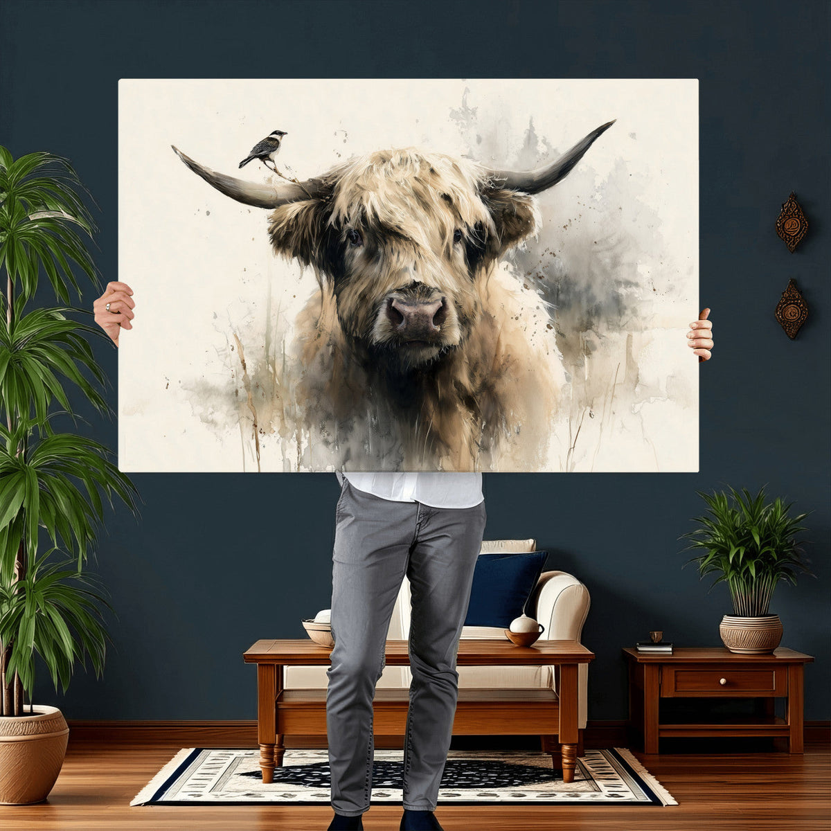 Abstract Highland Cow Wall Art Canvas Print, Rustic Farm