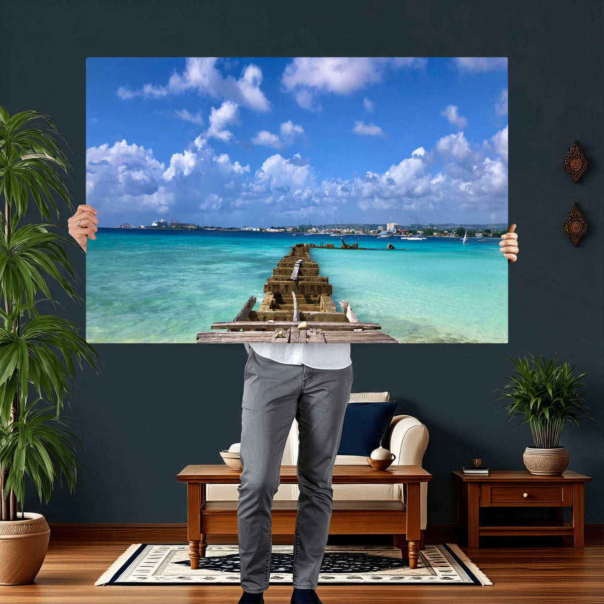 Caribbean Ocean Pier Seascape Wall Art Canvas Print,