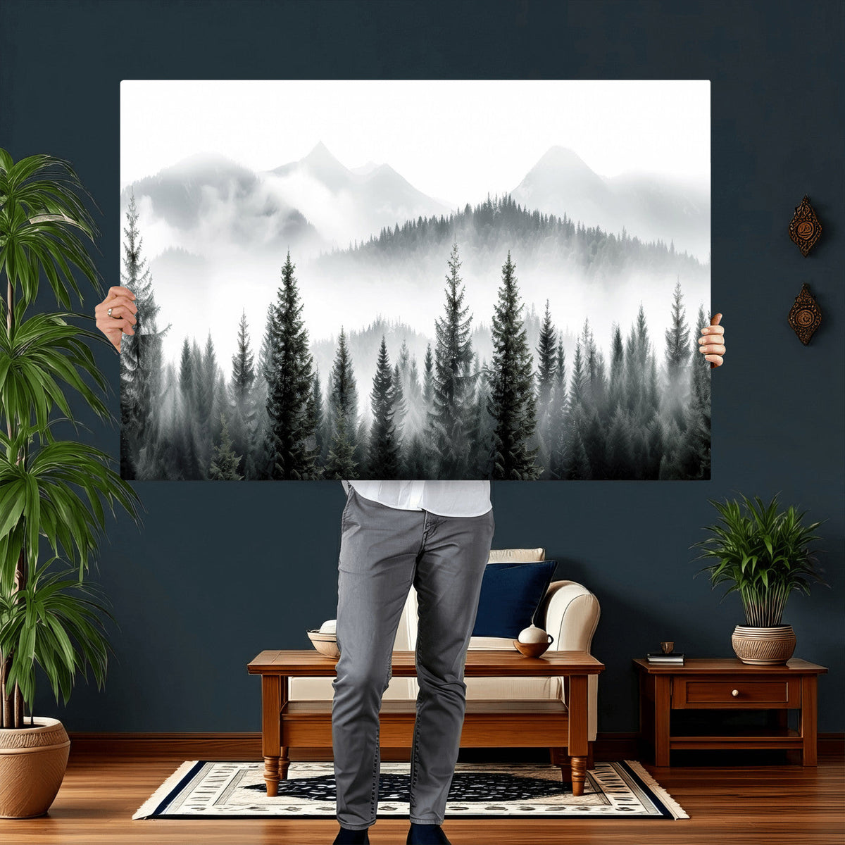 Misty Pine Forest Mountain Landscape Wall Art Canvas Print