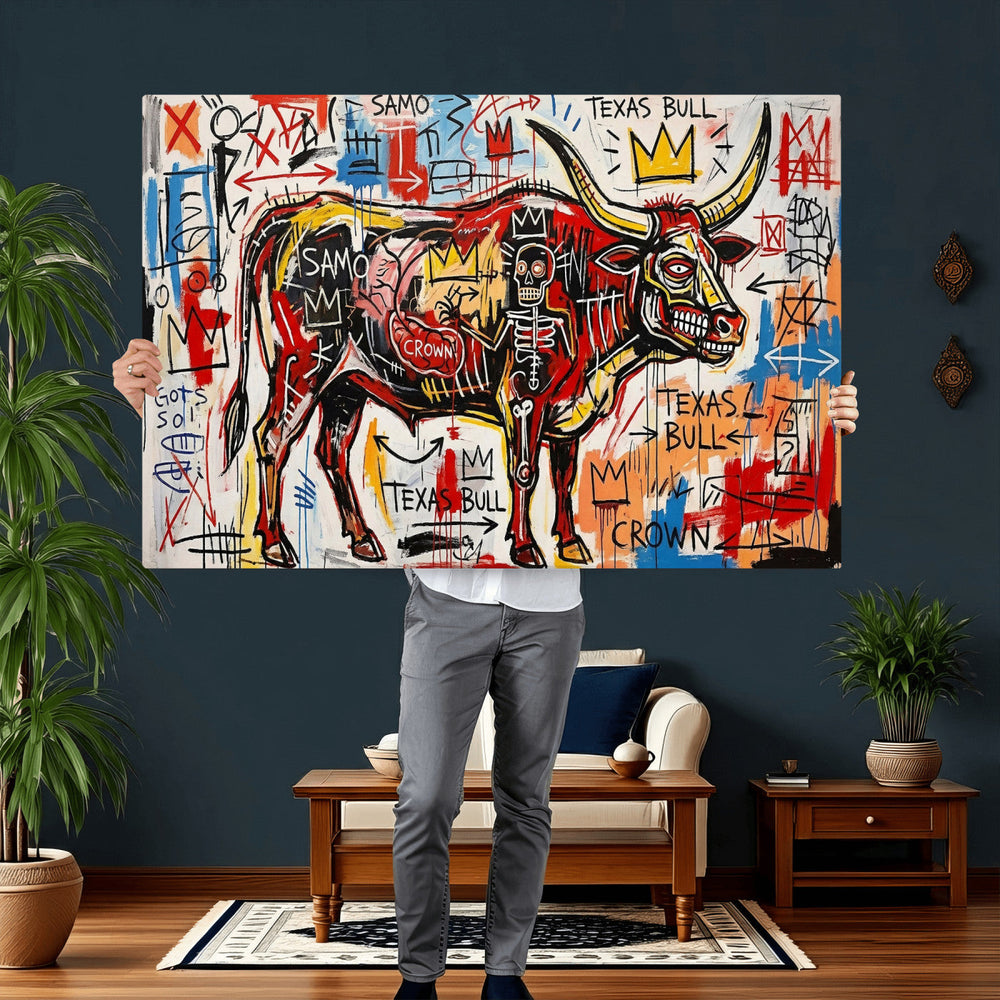 Texas Bull Wall Art Canvas Print, Abstract Graffiti Bull